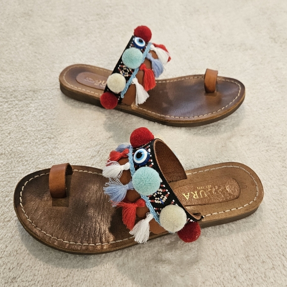 Badura Shoes - Brown Leather Pom Pom Sandals Colorful Size 9 Bohemian Tassel Western Summer